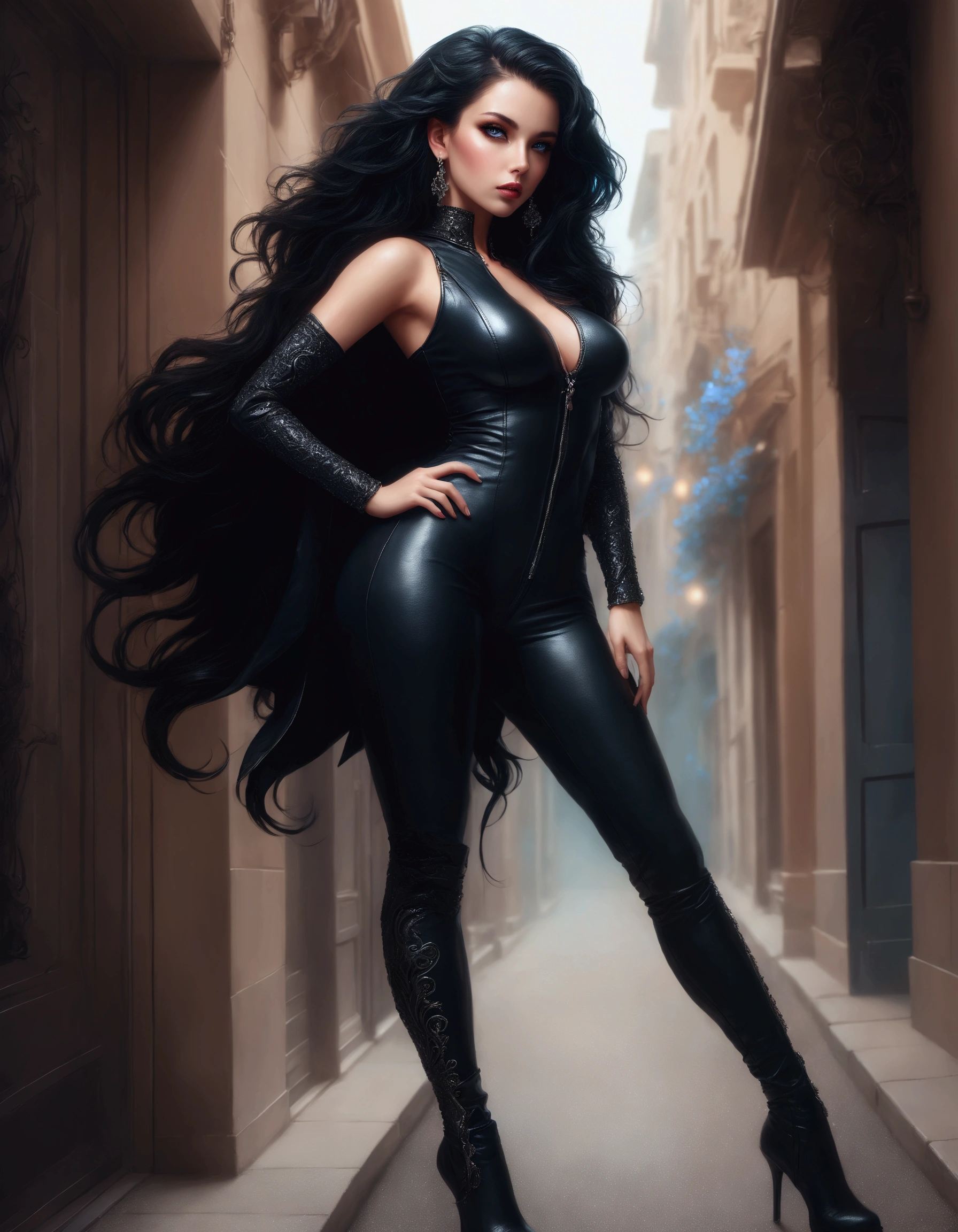 DigiArt Style, looking at viewer, full body, digital art, 1girl, solo, long curly hair, black hair, azur eyes, earrings, full lips, eyelashes, makeup,  jewelry, leather catsuit, leather clothes, leather straps, boots, fantasy