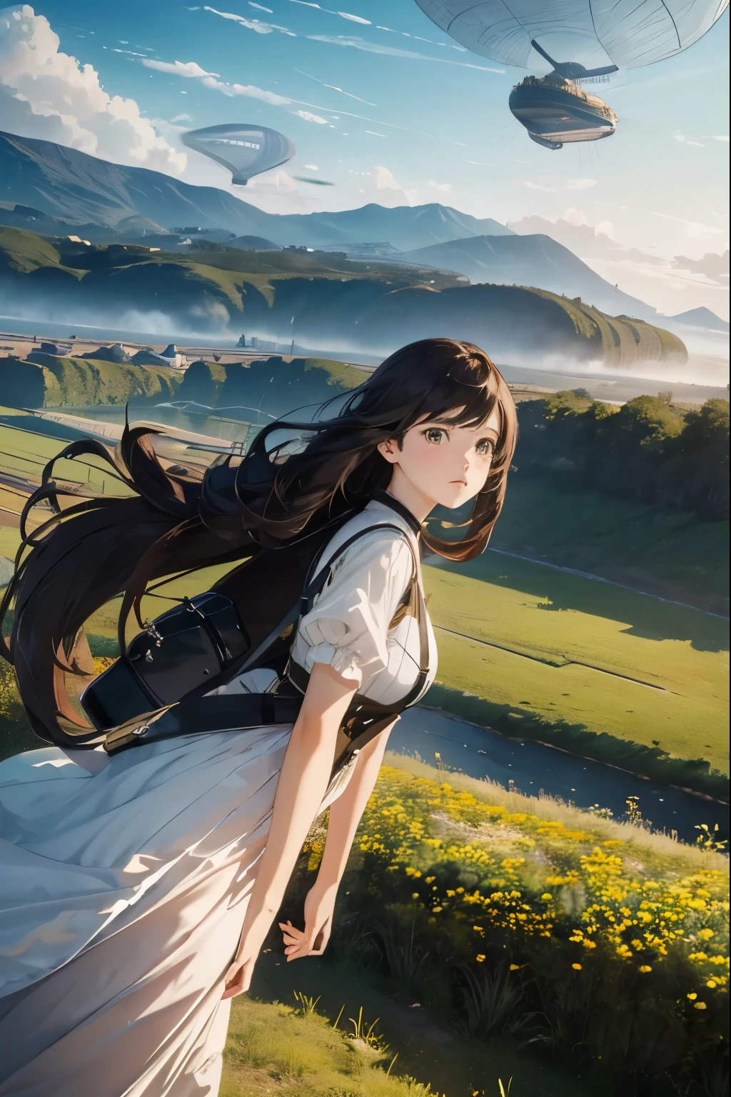 Master piece, 18 years old, young girl, Dark Brown Long hair, posing in front of full view of airship floating, BREAK, (transportation airship flying in the sky:1.4) meadow with mountain background, Beautiful and fantastic scenery Cinematic scenery、 high-quality、 masterpiece, in 8K、high resolution、