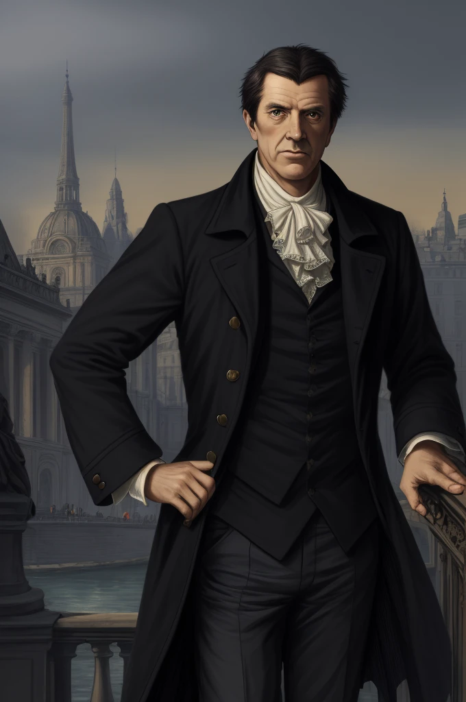 Highest quality, masterpiece, High resolution,，（Jacques Hébert），French，French Revolution politician，（French cityscape_background），Middle-aged men，semi-long，Anime Style, 4K, alone，whole body， looking at the camera, ，Black Hair，Brown_coat， Hyper Detail, (Intricate details),