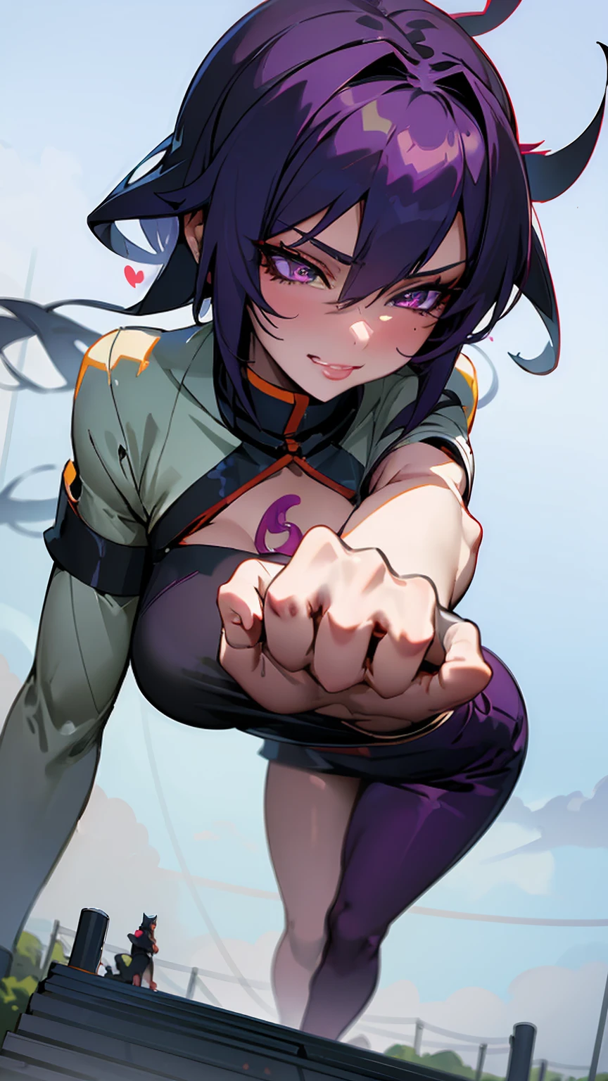 Giantess ((Yoruichi Shihōin from Bleach)) playful and agile (masterpiece best quality) sly grin, eyes filled with mischievous energy (real picture intricate details) (1 lady solo tall and athletic figure) long purple hair, golden eyes (tight combat outfit, emphasizing her toned, agile form) towering over a tiny shinigami, her hand playfully ruffling his hair, the vast difference in their power making her feel a deep, exhilarating thrill. She enjoys the chase, her heart racing with the joy of her playful dominance. Background: Quiet, dimly lit training ground, the air filled with the scent of sweat and excitement.


