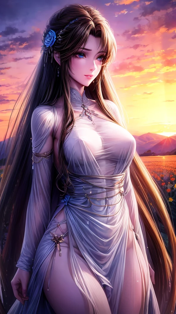 best quality, 30-year-old female, Medium breasts, Brown long hair, blue eyes, tight white dress, Sunset, Upper Body, Sexy, Angelic, Thin fabric, see through, Divine Light, Fluffy clouds, Colorful flower fields,