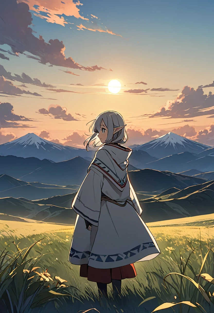 Across the vast grassland, a handful of clouds wander aimlessly, mountains and valleys fly away, nothing is visible, but Marco, you have come to the Andes, this road, let's go, the sun is rising now　Grasp the light of hope in both hands　ponchoに夜明けの風はらませて　Under the sky where mom is　Aim for the distant north　1girl(Gray Hair,Native Elf,poncho) （Kyoto Animation Style）