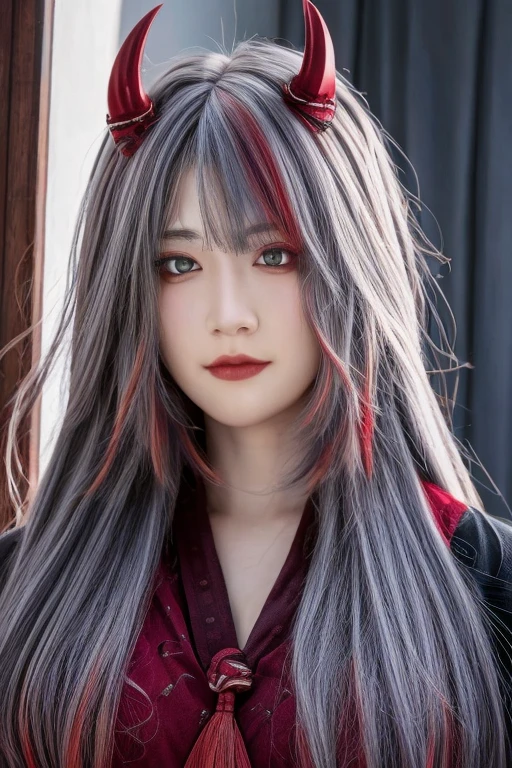 8k, Highest quality, Manga style, View your viewers, Intricate details,One person, Nakiri Ayame, Two demon horns, Multicolored Hair, Long Hair, Red eyes, Gray Hair, from below