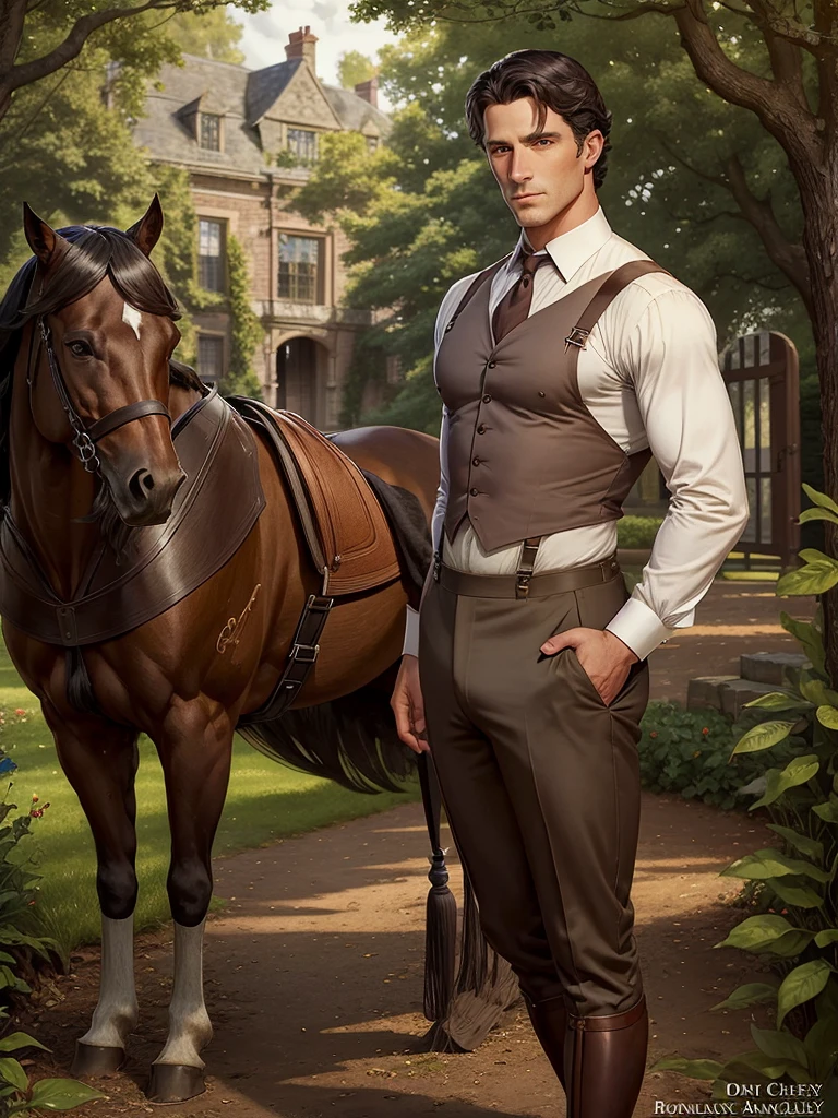 Book cover art, a handsome dark haired muscular man, brown pants, suspenders, trees, grey english mansion and stables background, text "Lady Chaterley's lover", 1900 era