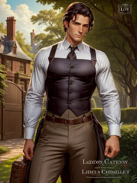 book cover art, a handsome dark haired muscular man, brown pants, suspenders, trees, grey english mansion and stables background...