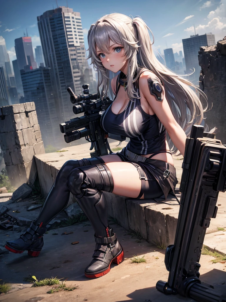 In the ruined city，Sniper rifle，Mecha，battlefield，black stockings，Large Breasts，cleavage,Gundam，armor，Future Technology，Sci-Fi Gear，