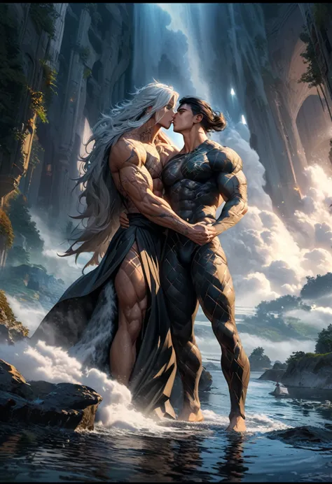 "2 male, anime guy warlords, freckles, locked in an embrace, gorgeous half-elves, silky black/white long hair, perfect body and ...