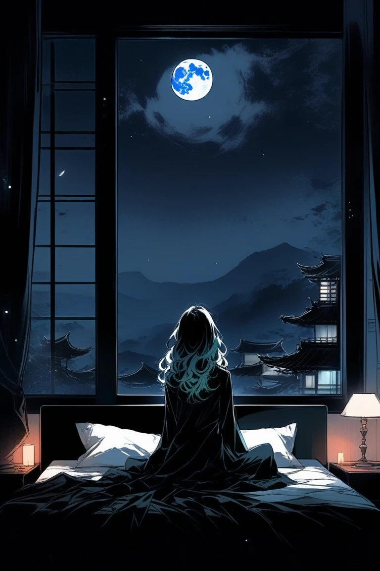 Highest quality, sketch:1.2),Realistic,Illustrator,anime,1 , Detailed Customization,Neon Hair,Texture Cropping,masterpiece, Style: Retro Classic, Dark Black、Under the Moon、On the bed、Turning his back、Looking at the moon、Back view、Beautiful Hair