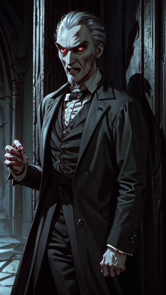 (1boy, ChristopherLee_Dracula), (extremely detailed CG unit 8k wallpaper),(master part), (best quality), (ultra detail), (best illustration),(TimBurton Animation), cowboy shot, (Sharp eyeliner, ombre, detail eyes), dark dungeon interiors background, ,break , (vamptech), vampire, red eyes, fangs, baring fangs, bloody, 