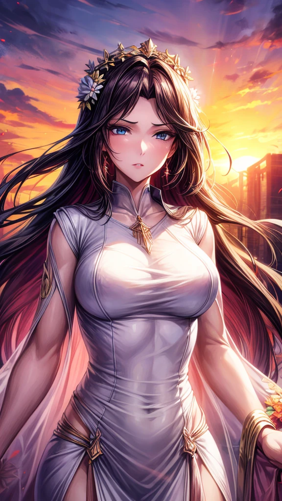 best quality, 30-year-old female, Medium breasts, Brown long hair, blue eyes, tight white dress, Sunset, Upper Body, Sexy, Angelic, Thin fabric, see through, Divine Light, Fluffy clouds, Colorful flower fields,