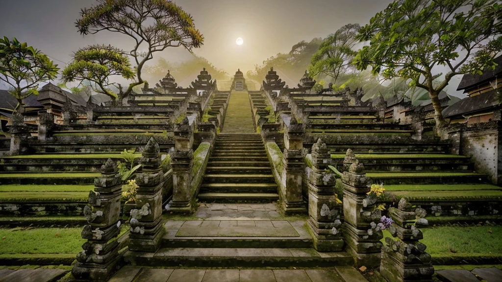 landscape, baligapura gate, stone statue, wall stone, village, stone stairs, yellow cloth, detailed, ornament, bali, tree, grass, flower, frangipani flower tree, epic, dawn, night, moon, yellow light lamp, fog, dramatic lighting, dim light, bokeh, advntr