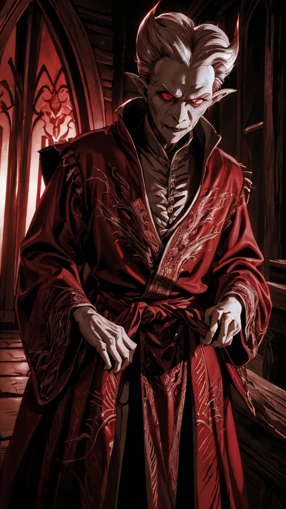 (1boy, drakul, red robe), (extremely detailed CG unit 8k wallpaper),(master part), (best quality), (ultra detail), (best illustration),(TimBurton Animation), cowboy shot, (Sharp eyeliner, ombre, detail eyes), dark dungeon interiors background, ,break , (vamptech), 