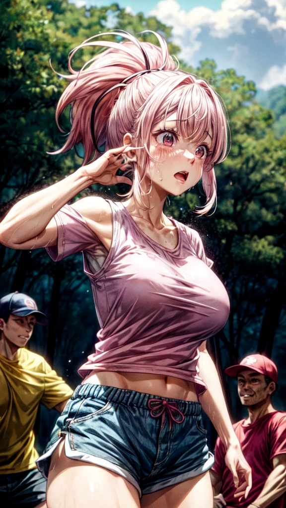 Fujiwara Chika, pink haired woman , ponytail hairstyle, huge breasts, Setting in a forest, Clothing short-sleeved shirt, Short shorts arms raised showing armpits covered in sweat, Well-formed chest, good attributes, her breasts ,a lot of sweat on her face and breasts all over her body, hot climate