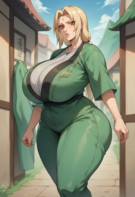 anime milf,naruto art style,tsunade,massive breasts,massive ass,wide hips,green robe,green tight sweatpants