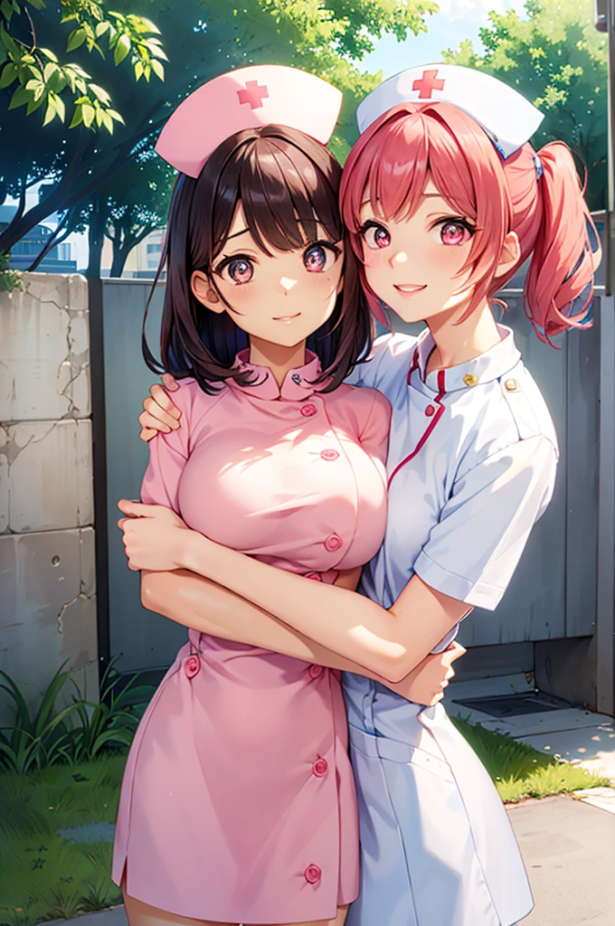 UHD, masterpiece, anatomically correct, super detail, high details, best quality, 8k,perfect beauty 2girls, oily skin, random Breast size、random hair style、random hair color,nurse uniform,nurse cap, crazy eyes, mismatched pupils, smile, anime style, retina,(hug),pink heart