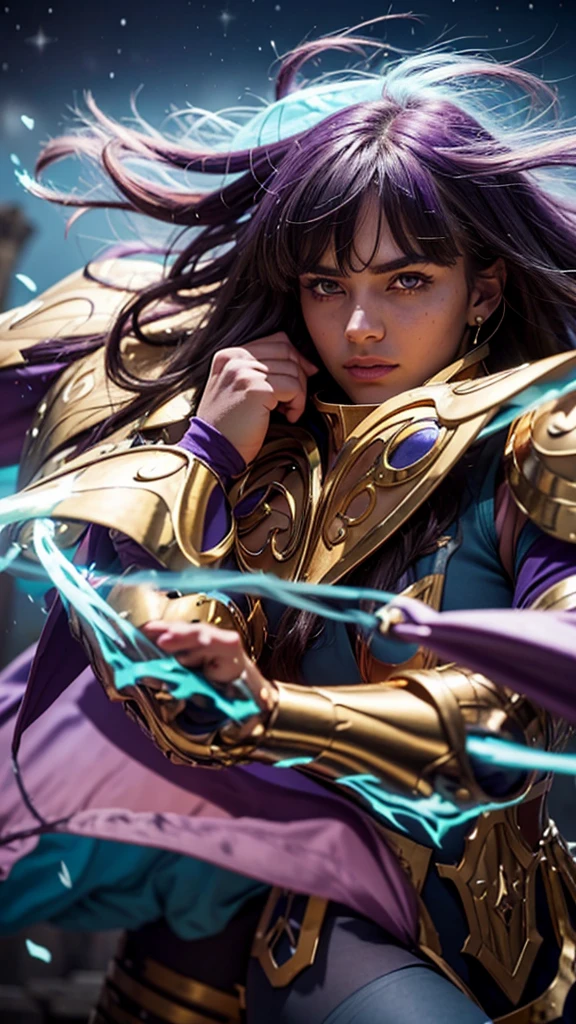 Masterpiece. Half-body portrait. She is the Taurus Knights of Zodiac  warrior. A handsome young man (1 boy) about 20 years old. powerful look. straight hair, ((messy)) hair, ((hair bangs)). (Bangs). hair blowing in the air. Ice Cristals light emerging for her right hand. ((big purple eyes)). Delicate lips, delicate nose. Delicate face. warrior clothes. Golden full medieval armor. Turquoise corselet and purple tide pants. Leather boots. Greek temples ruins background at night, with a starry sky. Multicolor aura around her. 