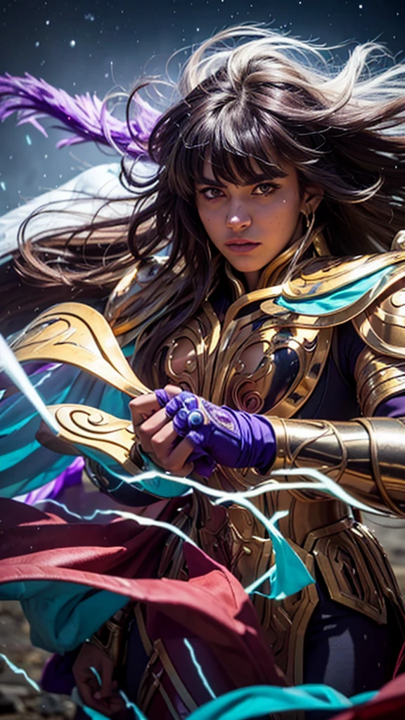 Masterpiece. Half-body portrait. She is the Taurus Knights of Zodiac  warrior. A handsome young man (1 boy) about 20 years old. powerful look. straight hair, ((messy)) hair, ((hair bangs)). (Bangs). hair blowing in the air. Ice Cristals light emerging for her right hand. ((big purple eyes)). Delicate lips, delicate nose. Delicate face. warrior clothes. Golden full medieval armor. Turquoise corselet and purple tide pants. Leather boots. Greek temples ruins background at night, with a starry sky. Multicolor aura around her. 