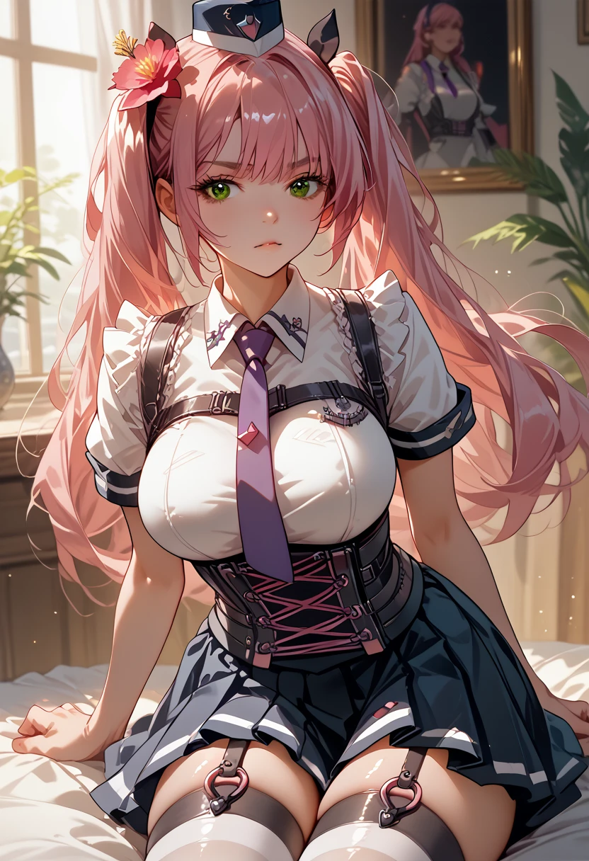 qrnkk, green eyes, pink hair, twintails, long hair, garrison cap, hair flower, hair ribbon, large breasts, purple necktie, white shirt, harness, short sleeves, corset, pleated skirt, garter straps, white thighhighs, thighs,9,score_8_up,score_7_up,masterpiece,best quality,perfect anatomy,very aesthetic,official art,8k,shiny_skin,fair_skin,white_skin, Идет по Улице с Улыбкой