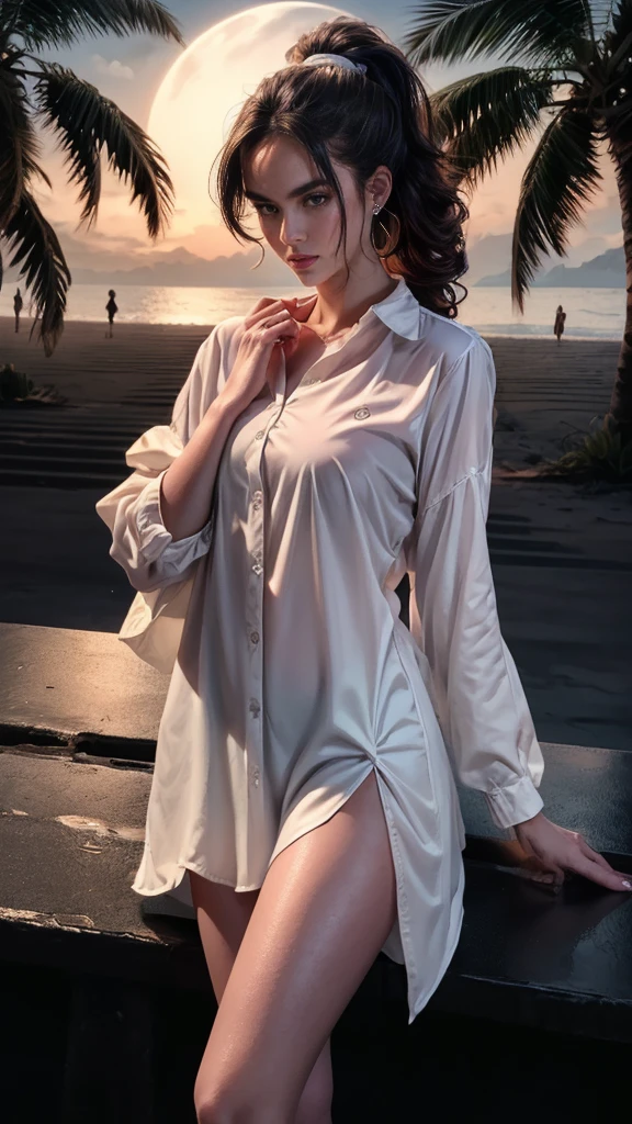 ((masterpiece, Best quality, a high resolution, ultra detailed),(beautiful and aesthetically pleasing:1.2), 1 woman, adult, perfect body, Wavy dark hair, hair pulled back into a beautiful ponytail, Detailed eyes and face, long oversized shirt, swimsuit, bikini, beach, sea, sand, Palm tree,whole body,((( beach at night))), full moon, (((dark image, dark background))), white over sized long sleeve buttoned shirt, 