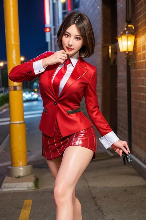 Highest quality,Ultra HD,8k,(Beautiful 30 year old Eurasian hitwoman), (Short bob silver hair 1.8), (Beautiful white skin), (Cool and sharp beauty), Red skirt suit 1.5, (((Three-piece suit))), (((Dress shirt))), (((Red tie))), Red blazer,(Thigh 1.2,Large Breasts), (((Red suit jacket))), Black shiny lapel, (((Bodycon mini skirt))), Tight Skirt, Barefoot 1.2,Cufflinks,((Red stiletto heels))， (Night city background), View from the front, Well-groomed and beautiful face 1.2, Dynamic pose, Ambient Lighting, Photographic realism, Intricate facial details, Exquisite handcrafted details, Very detailed, Vibrant colors, Cinematic, High resolution, Trendy style live on Artstation, Excited,(Holding a long-barreled revolver, not a pistol, in each hand, firing one at a time 1.3)，Intense action scene fighting 1.3，Confident and focused expression，