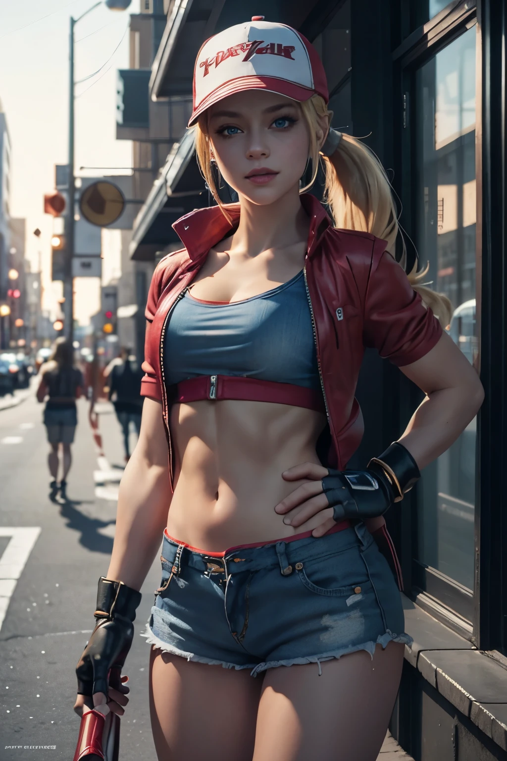 (masterpiece), best quality, expressive eyes, perfect face, high res, (64k), (perfect face), (ultra details), 1 girl, solo, Harley Quinn girl, blonde hair, ponytail, blue eyes, long hair, red short jacket, baseball cap, fingerless gloves, denim shorts, shoes, street background, leaning forward, , standing, portrait, looking at the viewer--hyper realistic-- bright lighting, photorealistic rendering, advertising photograph look and feel. Super High ultra resolution, hyper photorealistic, 255K, super hyper, Sony A7S Ill, f/ 9.0, 1/400. sharp-focus, megapixel.‎