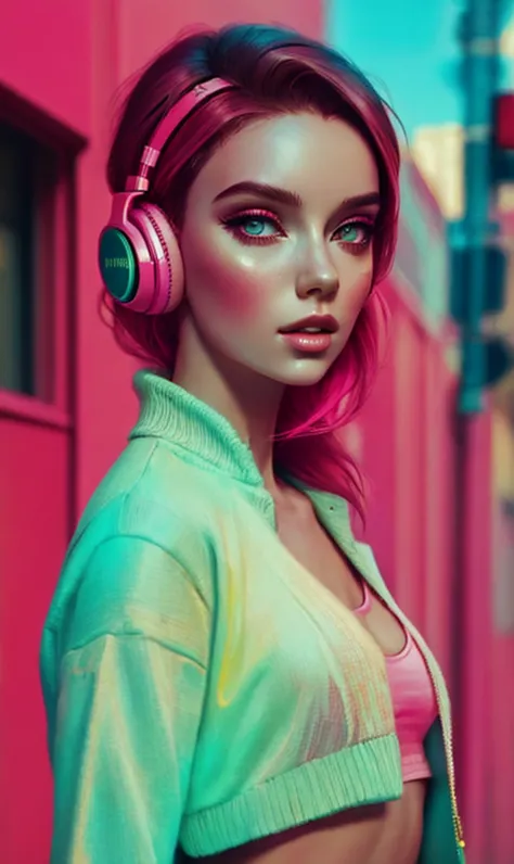 model girl wearing headphones, city background, intricate details, aesthetically pleasing pastel colors, poster background, art ...