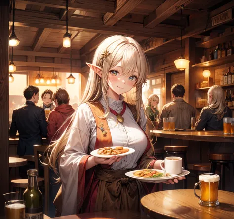 an illustrated scene set in a lively fantasy tavern at dusk. 陽気なelfのウェイトレスに焦点を当てています, young woman with long flowing hair and poi...