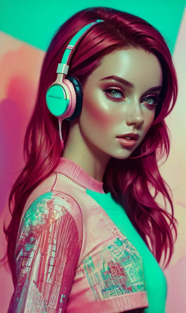 model girl wearing headphones, city background, intricate details, aesthetically pleasing pastel colors, poster background, art by conrad roset and ilya kuvshinov