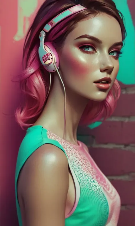 model girl wearing headphones, city background, intricate details, aesthetically pleasing pastel colors, poster background, art ...