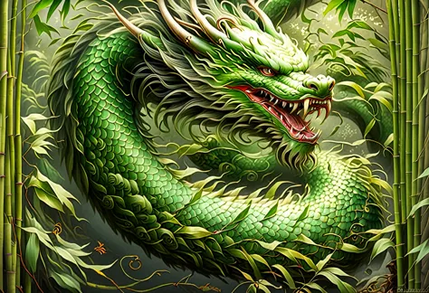 an asian serpentine dragon, floating, flowing serpent like, through a dense bamboo forest weaving effortlessly between bamboo, s...