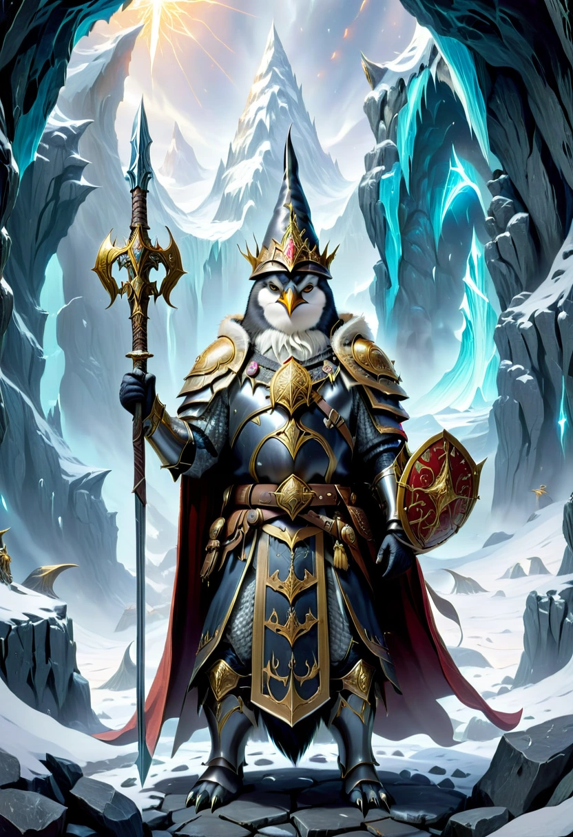 amazing quality, ultra detailed, an adventuring band of emperor penguins, one warrior in full plate armor with shield and sword, one wizard in his magical robe and hat with powerful staff, one cleric clad in chainmail wielding a Warhammer, one a thief, in full leather armor equipped with two daggers action shot, extremely detailed, background is the entrance to a sinister cave
