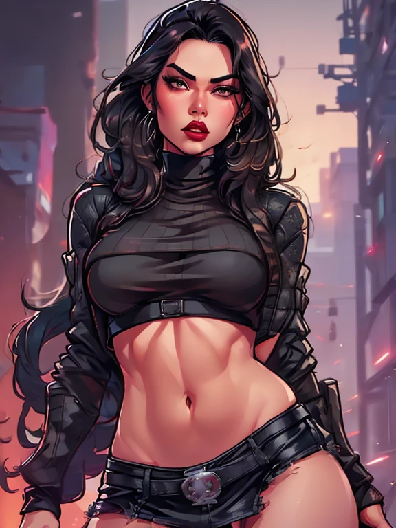 a beautiful busty Asian sci-fi girl with long black hair,solid black demon eyes, and full red lips wearing a tight sweater and mini skirt, photorealistic, 8k, highly detailed, intricate details, warm lighting, dynamic pose, dramatic camera angle, chiaroscuro lighting, oil painting, digital art