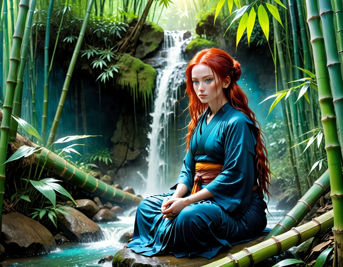 a picture of a (female monk: 1.2) sitting and meditating near a waterfall in a bamboo forest,  there is a human woman monk wearing monk garbs, (epic sized waterfall: 1.3), red hair, long hair, full body (best details, Masterpiece, best quality :1.5), ultra detailed face (best details, Masterpiece, best quality :1.5), ultra feminine (best details, Masterpiece, best quality :1.5), exquisite beautiful (best details, Masterpiece, best quality :1.5) red hair, long hair, wavy hair, pale skin, blue eyes, intense eyes, water coming down from a volcanic cliff, she is sitting in a rich epic bamboo forest, clear water in many hues of blue and azure, it is the dawn of day, between night and day, the sun is rising, a time of meditation and serenity, bamboo forest background, fantasy art, photorealistic, D&D art, ultra best realistic, best details, best quality, 16k, [ultra detailed], masterpiece, best quality, (extremely detailed), ultra wide shot, photorealism, depth of field, hyper realistic painting, Cinematic Hollywood Film