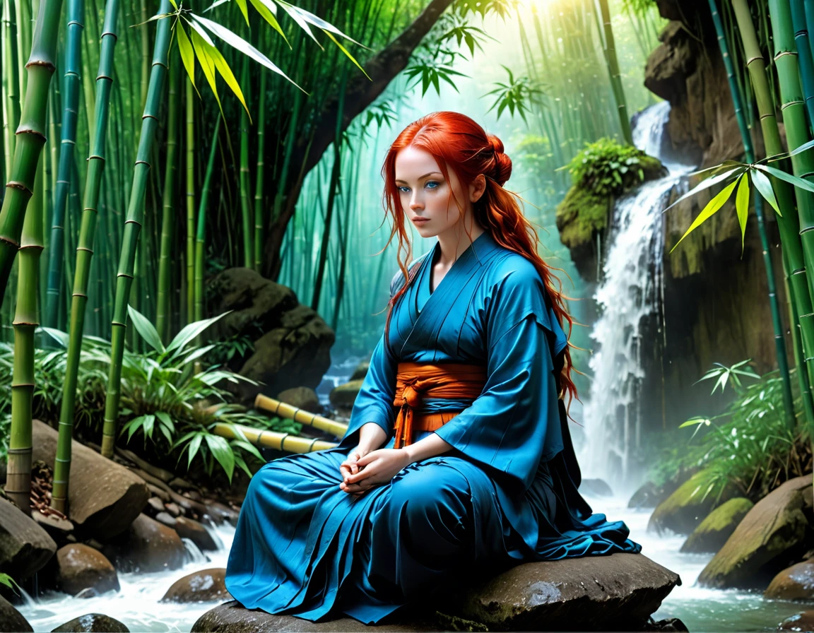 a picture of a (female monk: 1.2) sitting and meditating near a waterfall in a bamboo forest,  there is a human woman monk wearing monk garbs, (epic sized waterfall: 1.3), red hair, long hair, full body (best details, Masterpiece, best quality :1.5), ultra detailed face (best details, Masterpiece, best quality :1.5), ultra feminine (best details, Masterpiece, best quality :1.5), exquisite beautiful (best details, Masterpiece, best quality :1.5) red hair, long hair, wavy hair, pale skin, blue eyes, intense eyes, water coming down from a volcanic cliff, she is sitting in a rich epic bamboo forest, clear water in many hues of blue and azure, it is the dawn of day, between night and day, the sun is rising, a time of meditation and serenity, bamboo forest background, fantasy art, photorealistic, D&D art, ultra best realistic, best details, best quality, 16k, [ultra detailed], masterpiece, best quality, (extremely detailed), ultra wide shot, photorealism, depth of field, hyper realistic painting, Cinematic Hollywood Film