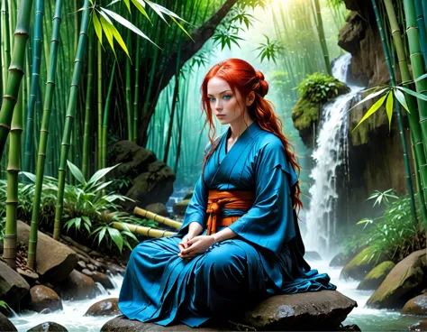 a picture of a (female monk: 1.2) sitting and meditating near a waterfall in a bamboo forest,  there is a human woman monk weari...