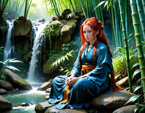 a picture of a (female monk: 1.2) sitting and meditating near a waterfall in a bamboo forest,  there is a human woman monk weari...