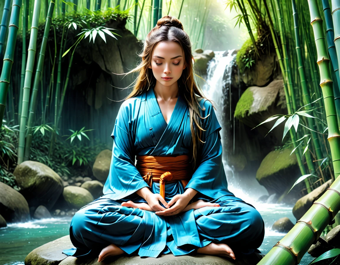 a picture of a (female monk: 1.2) sitting and meditating near a waterfall in a bamboo forest,  there is a human woman monk wearing monk garbs, (epic sized waterfall: 1.3), dynamic hair color, long hair, full body (best details, Masterpiece, best quality :1.5), ultra detailed face (best details, Masterpiece, best quality :1.5), ultra feminine (best details, Masterpiece, best quality :1.5), exquisite beautiful (best details, Masterpiece, best quality :1.5) dynamic hair color hair, long hair, wavy hair, pale skin, dynamic eyes color, intense eyes, water coming down from a volcanic cliff, she is sitting in a rich epic bamboo forest, clear water in many hues of blue and azure, it is the dawn of day, between night and day, the sun is rising, a time of meditation and serenity, bamboo forest background, fantasy art, photorealistic, D&D art, ultra best realistic, best details, best quality, 16k, [ultra detailed], masterpiece, best quality, (extremely detailed), ultra wide shot, photorealism, depth of field, hyper realistic painting, Cinematic Hollywood Film