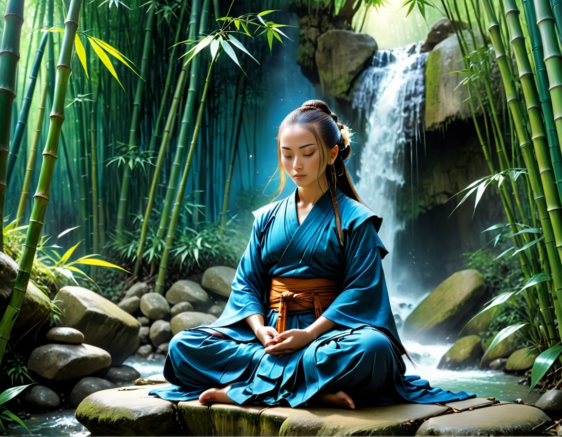 a picture of a (female monk: 1.2) sitting and meditating near a waterfall in a bamboo forest,  there is a human woman monk wearing monk garbs, (epic sized waterfall: 1.3), dynamic hair color, long hair, full body (best details, Masterpiece, best quality :1.5), ultra detailed face (best details, Masterpiece, best quality :1.5), ultra feminine (best details, Masterpiece, best quality :1.5), exquisite beautiful (best details, Masterpiece, best quality :1.5) dynamic hair color hair, long hair, wavy hair, pale skin, dynamic eyes color, intense eyes, water coming down from a volcanic cliff, she is sitting in a rich epic bamboo forest, clear water in many hues of blue and azure, it is the dawn of day, between night and day, the sun is rising, a time of meditation and serenity, bamboo forest background, fantasy art, photorealistic, D&D art, ultra best realistic, best details, best quality, 16k, [ultra detailed], masterpiece, best quality, (extremely detailed), ultra wide shot, photorealism, depth of field, hyper realistic painting, Cinematic Hollywood Film