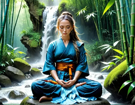 a picture of a (female monk: 1.2) sitting and meditating near a waterfall in a bamboo forest,  there is a human woman monk weari...