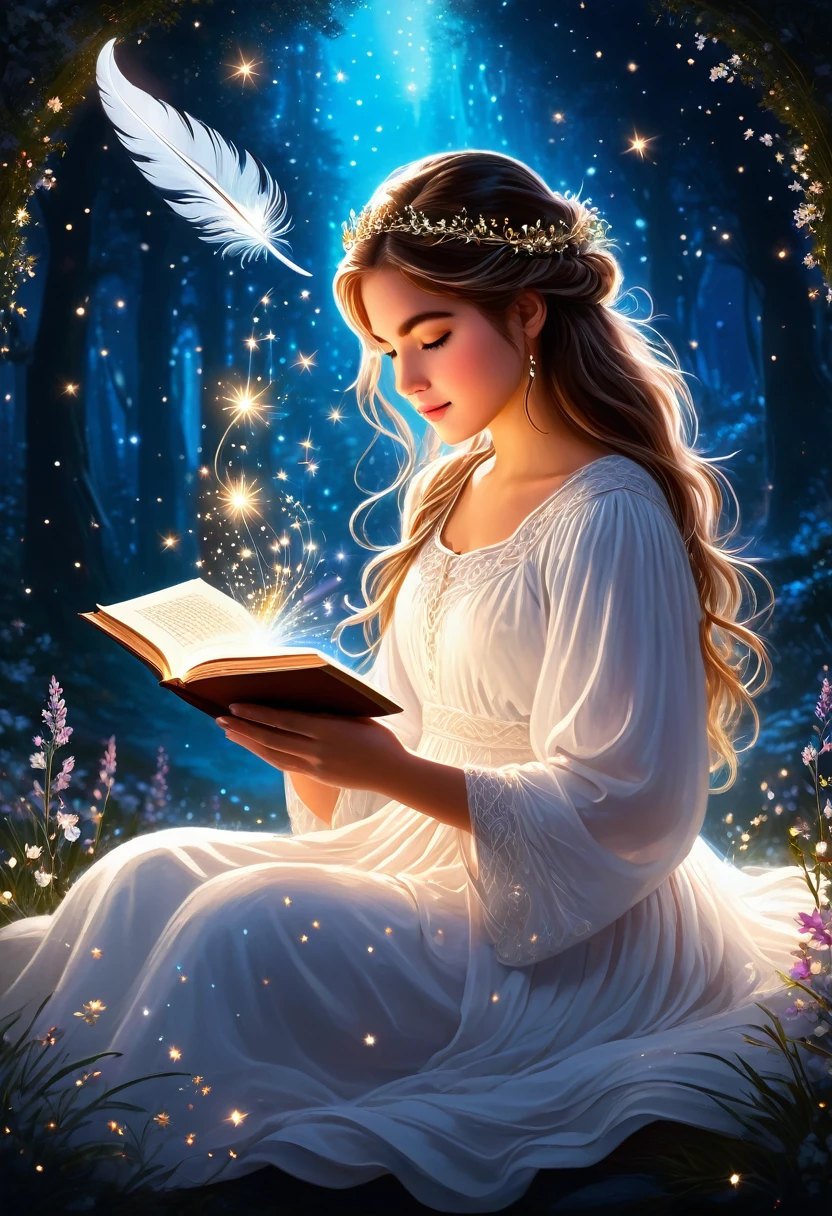 A serene and enchanting scene featuring a young girl sitting on a cushion in a snowy landscape, reading a magical book. The girl has long, flowing hair adorned with delicate flowers and is dressed in a simple, elegant white dress. As she reads, a stream of glowing, ethereal light swirls from the book, forming a mesmerizing, colorful vortex filled with twinkling stars and sparkles. Nearby, more books are stacked, and a feather gently floats in the air. The overall atmosphere is peaceful, whimsical, and filled with a sense of wonder and fantasy.
