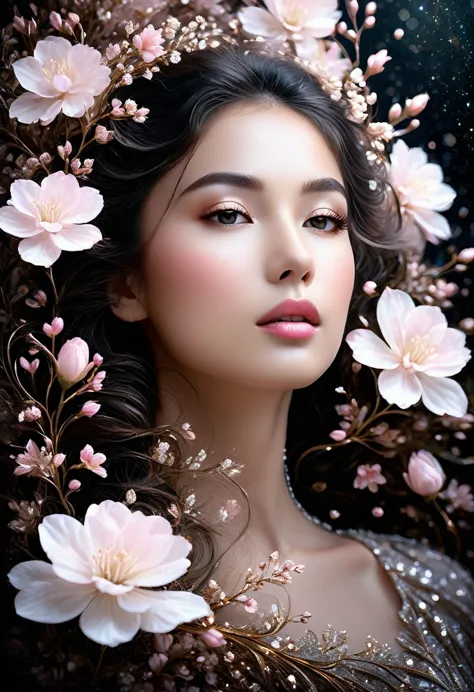 a captivating and surreal portrait of a woman's face, elegantly framed by delicate white flowers with hints of pink. the woman's...