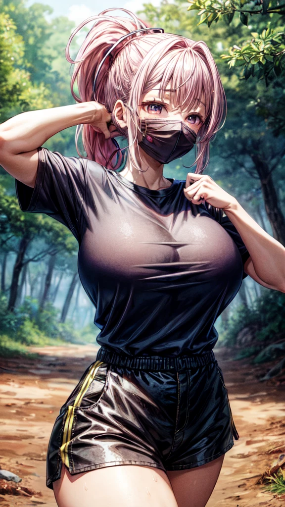 Fujiwara Chika, 15 year old woman with pink hair , ponytail hairstyle, huge breasts, Setting in a forest, black short-sleeved shirt, Short shorts arms raised showing armpits covered in sweat, Her breasts have great attributes ,a lot of sweat on her face and breasts all over her body, hot climate, Her low-cut shirt, tailored to her chest, high-quality 4K masterpiece, smiling erotically