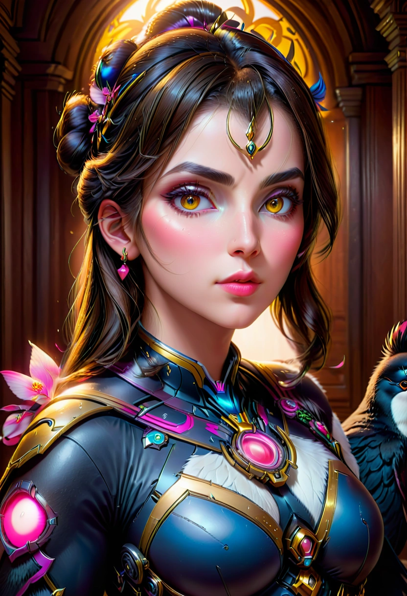 1 penguin woman, overwatch character dva, beautiful detailed eyes, beautiful detailed lips, extremely detailed face, hyperrealistic, intricate details, cinematic lighting, vibrant colors, highly detailed, digital art, 8k, hyper detailed, photorealistic, masterpiece, award winning, stunning, breathtaking