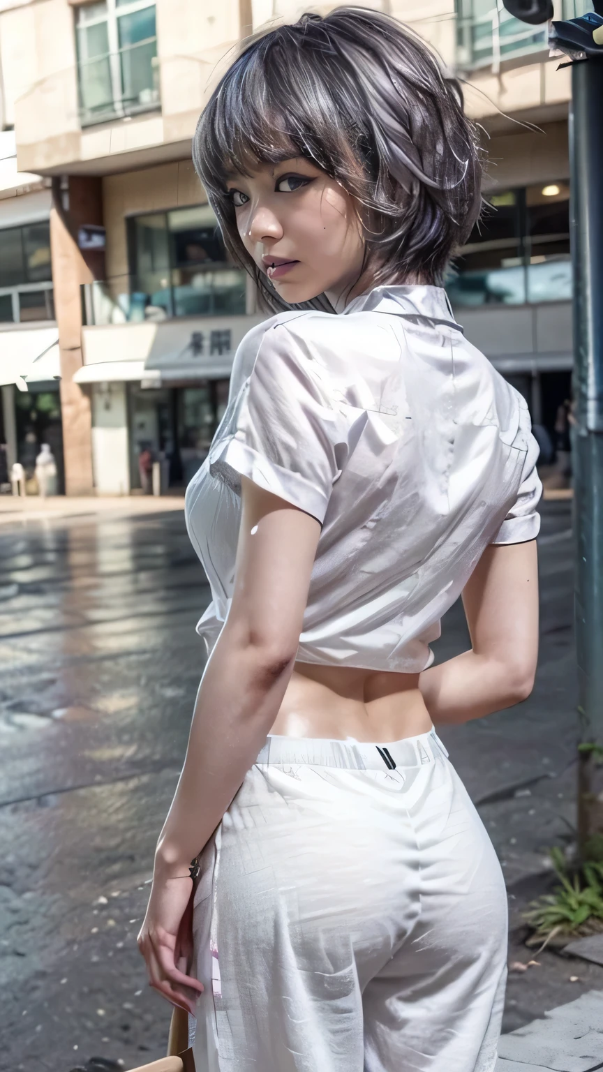 p-line、(Realistic、Like a photograph、Live Action、8k, Realistic, RAW Photos, Best image quality: 1.4), Single-lens reflex camera、RAW Photos, Highest quality, Realistic, Highly detailed CG Unity 8k wallpaper, Written boundary depth, Cinematic Light, Lens flare, Ray Tracing, Realistic background、A landmine girl waiting for someone、((Wearing a white blouse:1.4)、((I'm wearing black wide-leg pants.:1.1、(Stick your butt out、P Line、The panty line is transparent))、Small breasts)、Cute ass)、((Ultra-Dense Skin))、 1 female,cute Japanese、standing front of train station, Waiting for someone while looking at a smartphone、The whole body is visible:1.5、Wearing sneakers:1.1、((Silver Hair:1.5)、short hair:1.2、My hair is blowing in the wind)、stylish ambiance、Very detailed and perfect costume、(White skin)、Precise and beautiful legs:1.1、Rear view、Highly detailed face