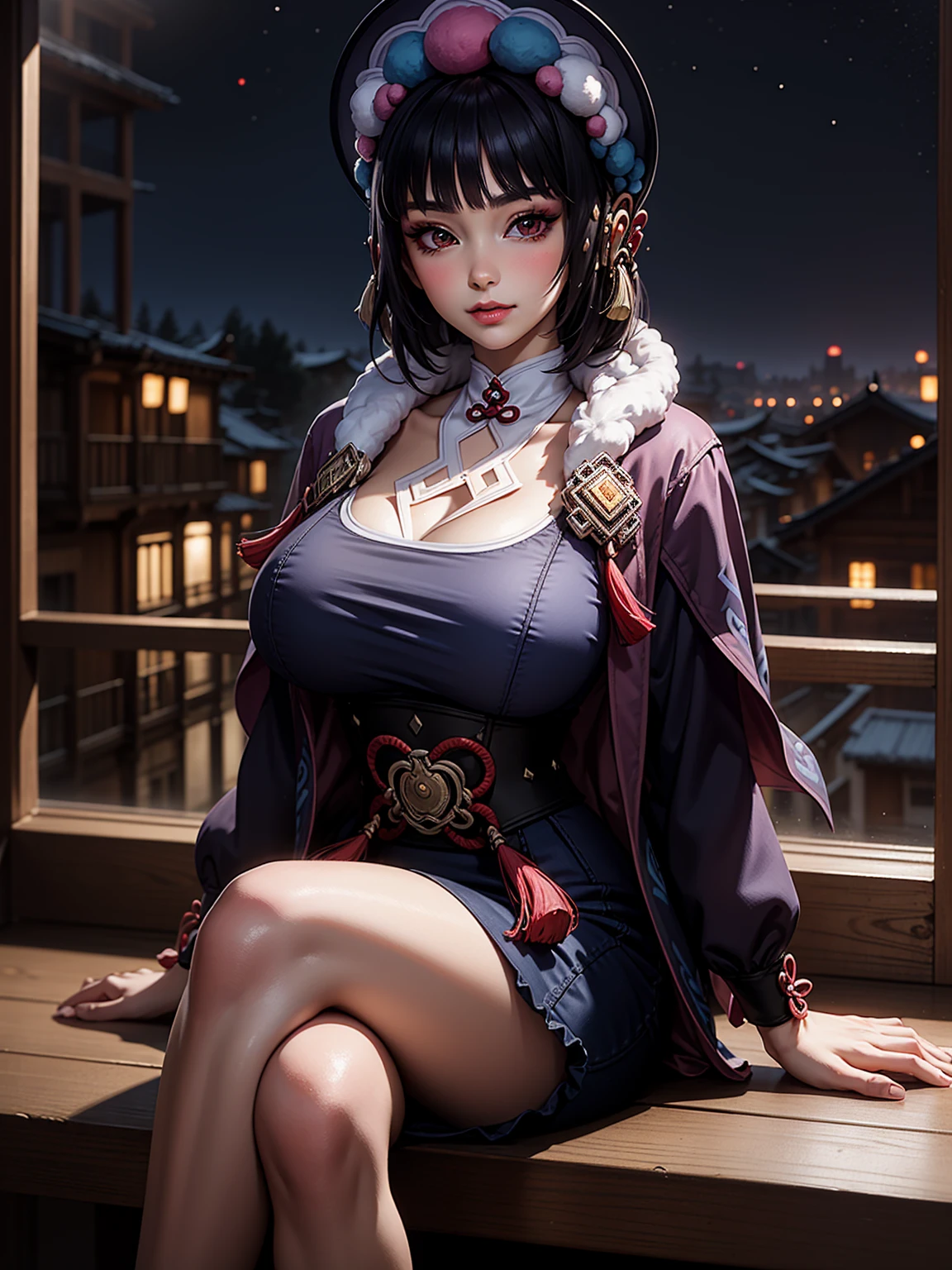 (Yunjindef), (narrow waist), blushing, official art, detail face, cg,looking at viewer, (sitting),indoor, (expansive landscape photography:1.2),(night), huge breast