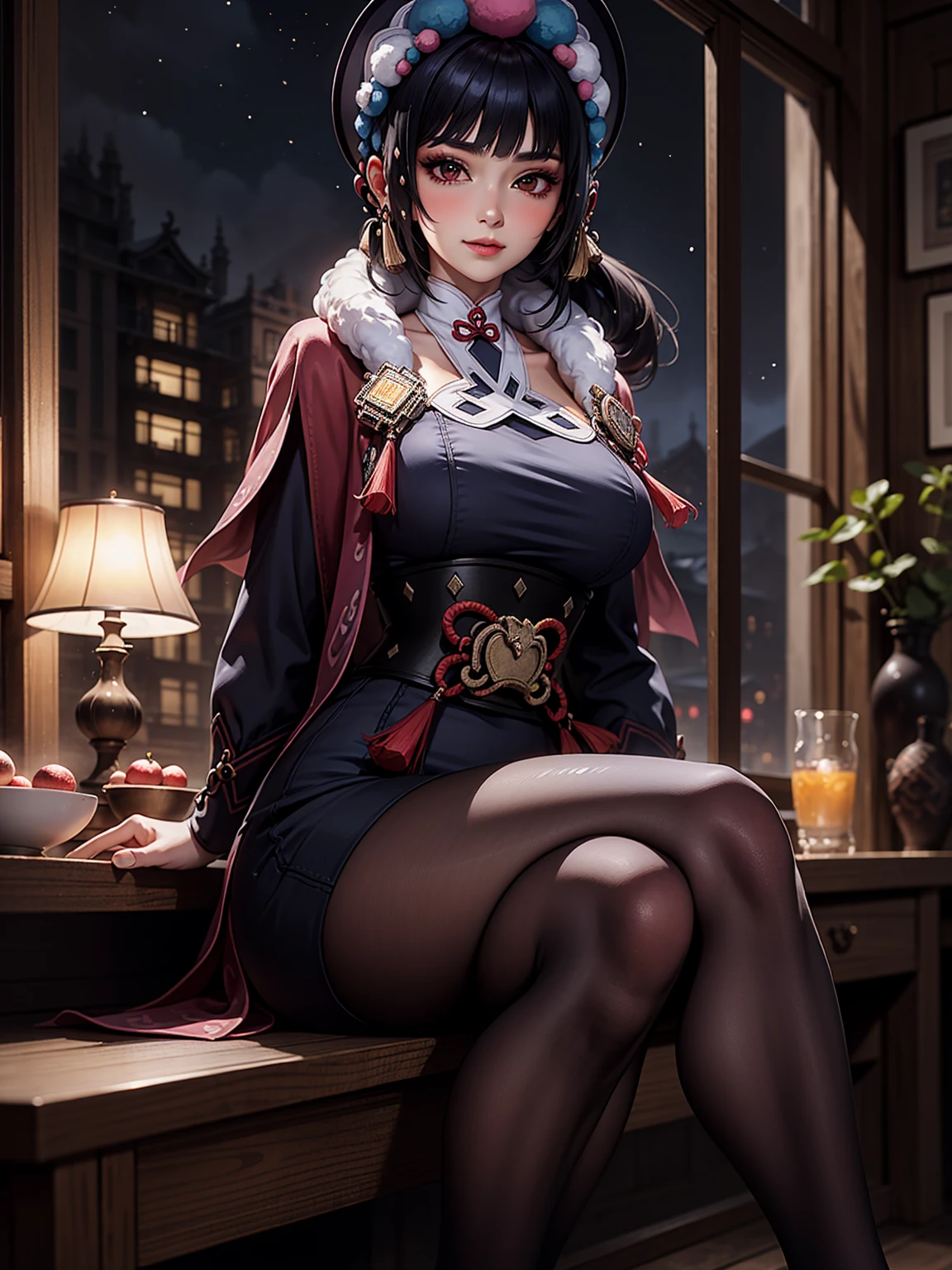 (Yunjindef), (narrow waist), blushing, official art, detail face, cg,looking at viewer, (sitting),indoor, (expansive landscape photography:1.2),(night), huge breast