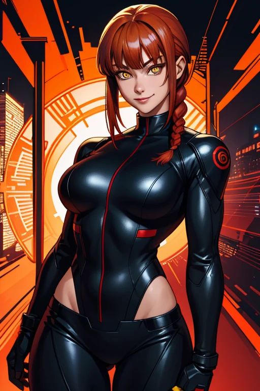 makima \(chainsaw man\), best quality, ultra detailed, 1girl, solo, standing, red hair, long braided hair, golden eyes, bangs, round breasts, wide hips, black leather suit, stare, smile, (evil:1.2), looking at viewer, color connection, colorized, vibrant color scheme, colorful, spot color, cinematography, hyperdetailed, beautiful face, 4k, HD, artstation trending on artstation,
