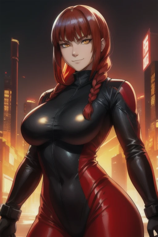 makima \(chainsaw man\), best quality, ultra detailed, 1girl, solo, standing, red hair, long braided hair, golden eyes, bangs, round breasts, wide hips, black leather suit, stare, smile, (evil:1.2), looking at viewer, color connection, colorized, vibrant color scheme, colorful, spot color, cinematography, hyperdetailed, beautiful face, 4k, HD, artstation trending on artstation,
