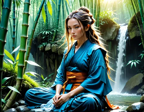 a picture of a (female monk: 1.2) sitting and meditating near a waterfall in a bamboo forest,  there is a human woman monk weari...