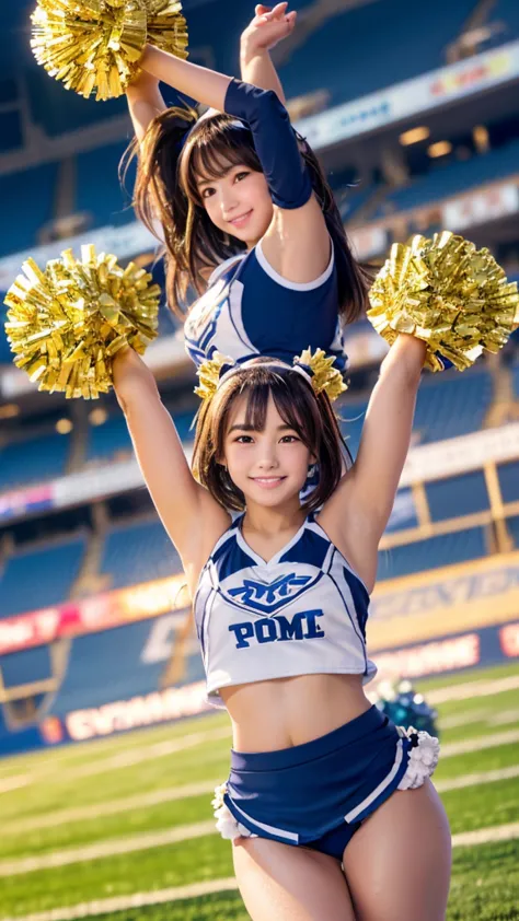 product quality,1 girl,cheerleader,cowboy shot,young and cute japanese,((stadium background:1.2)),(holding big pom-poms in both ...